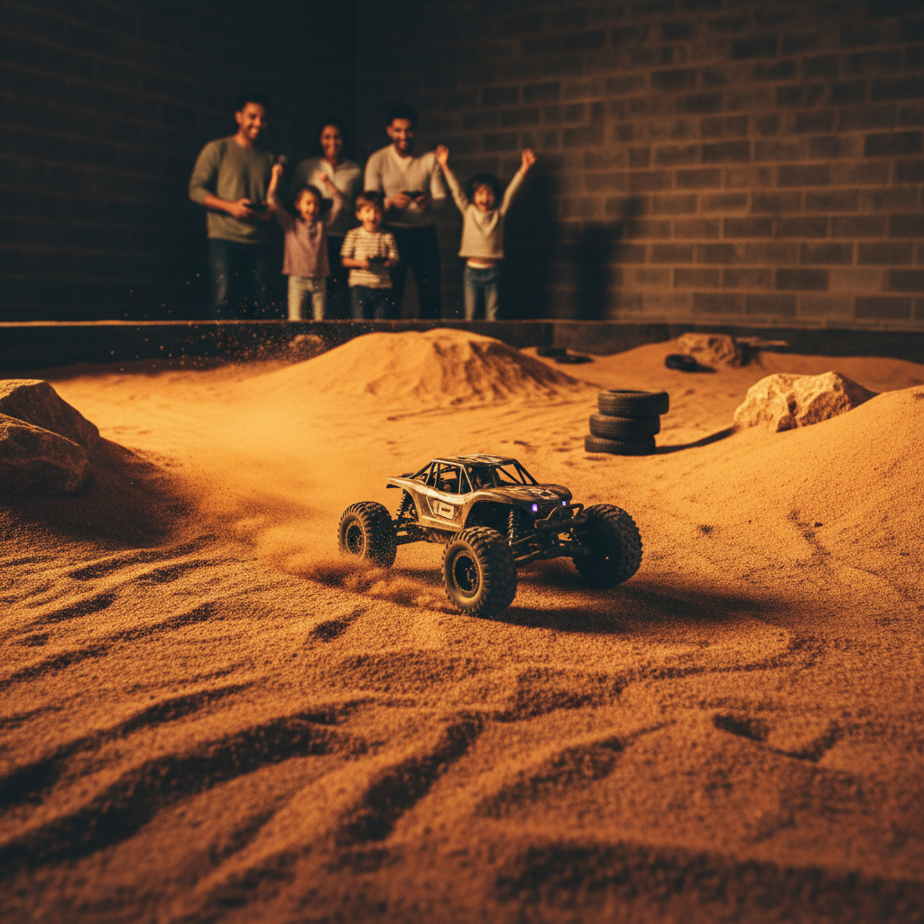 RC buggy driving through sandy terrain in indoor sand pit arena with golden lighting