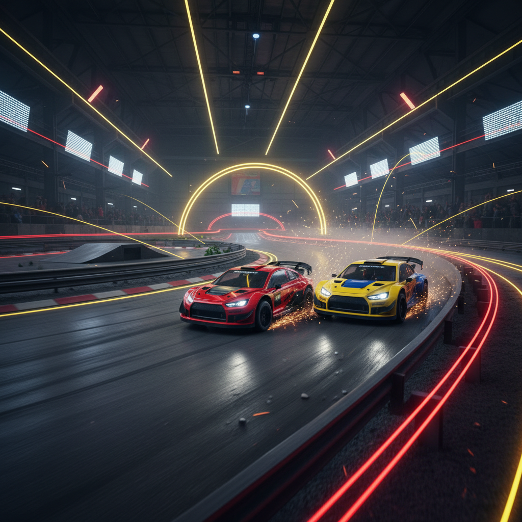 Two RC cars racing head-to-head on indoor competition circuit with yellow neon lighting