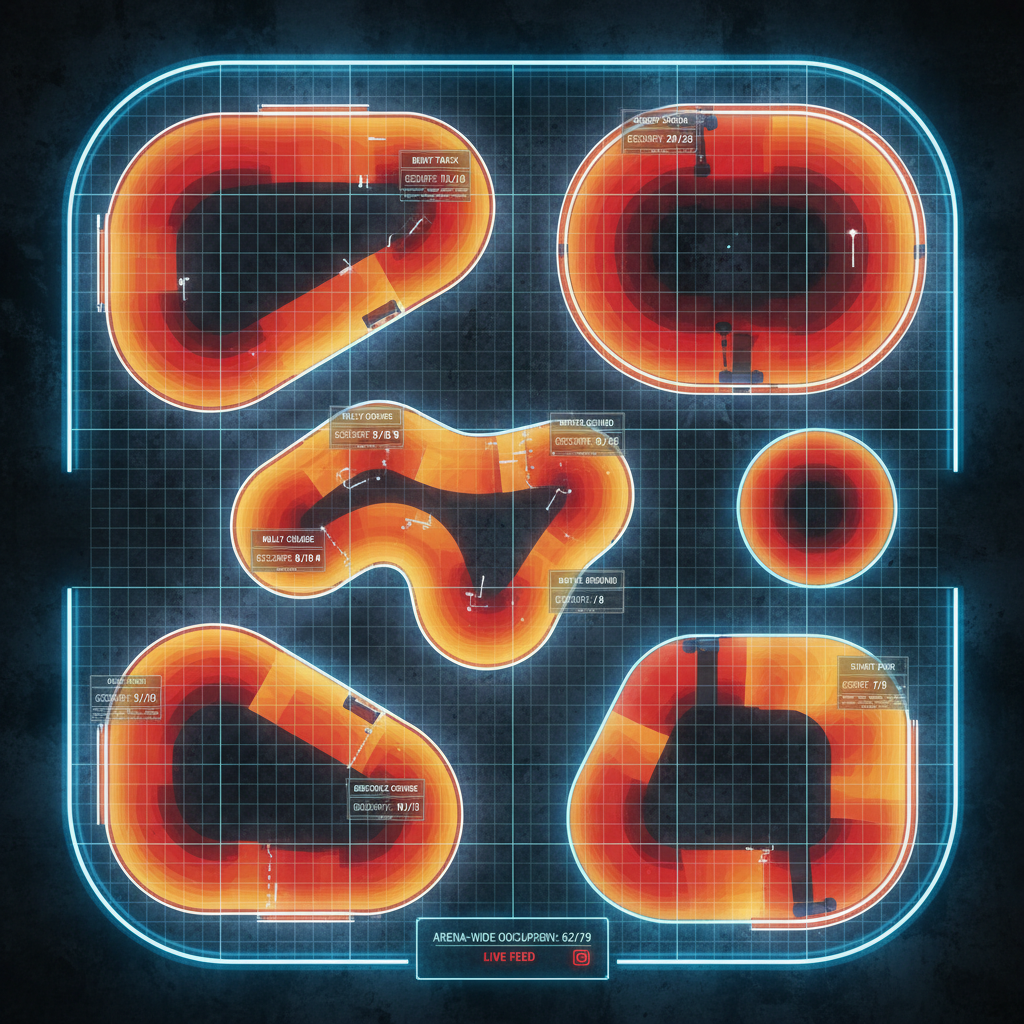 Top-down aerial view of RC racing arena floor plan showing 6 activity zones with live occupancy heat indicators